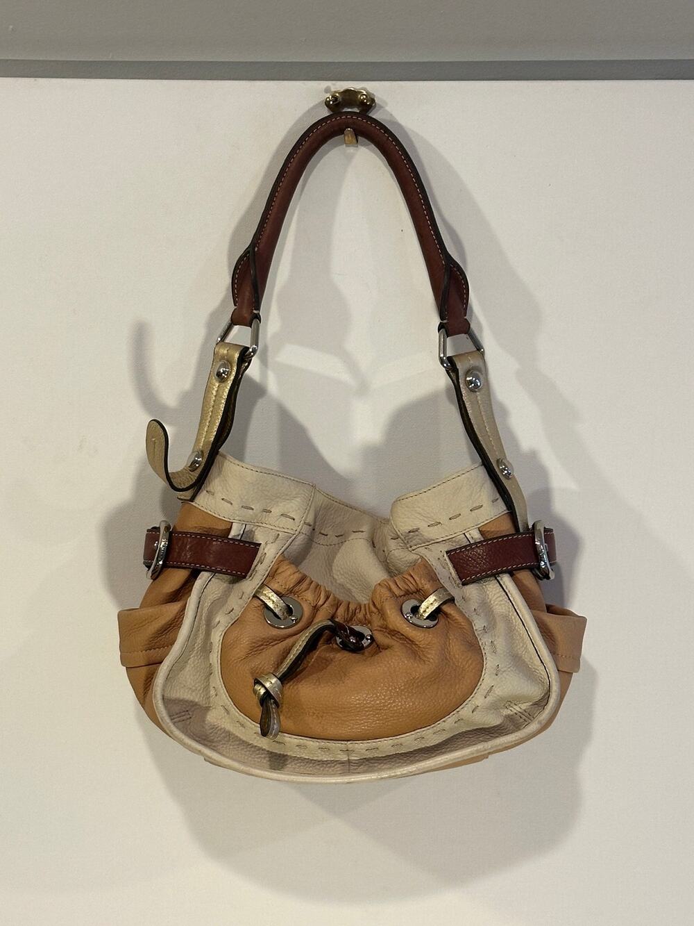 B. Makowsky Colorblock Leather Hobo Bag Tan Cream Drawstring Cheetah Lining